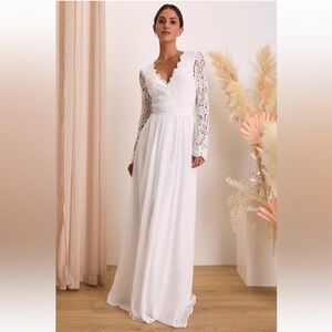 Lulu’s “Awaken My Love” White Long Sleeve Lace Maxi Dress Style #24226